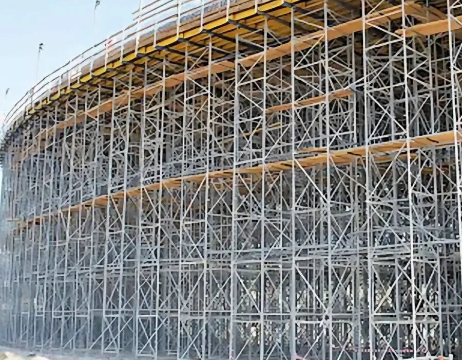 Large steel scaffolding erected around a structure